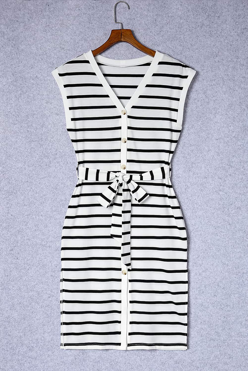 Striped Button Belted Casual V-Neck Midi Dress