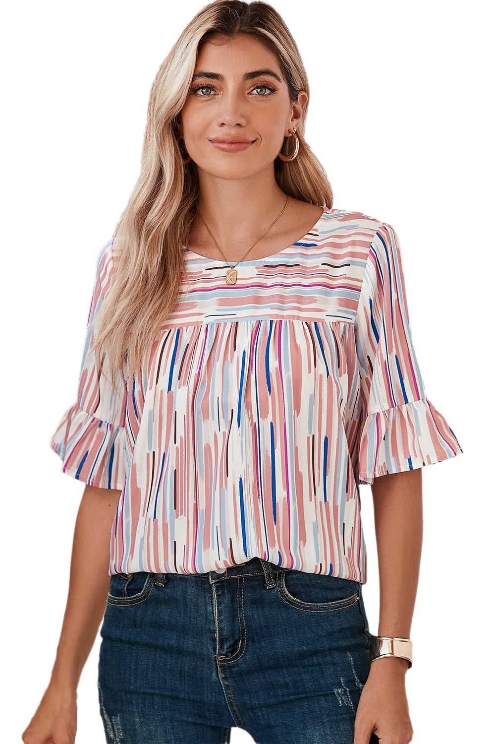 White Abstract Print Ruffle Half Sleeve Blouse