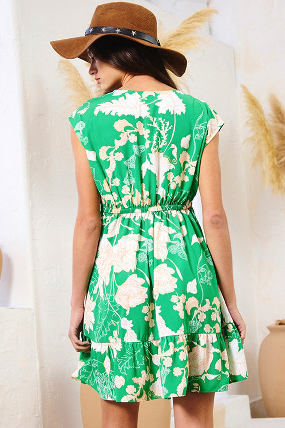 Green Floral Print V-Neck Ruffle Hem Ruched Empire Waist Dress