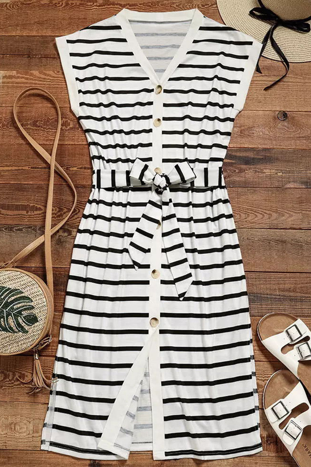 Striped Button Belted Casual V-Neck Midi Dress