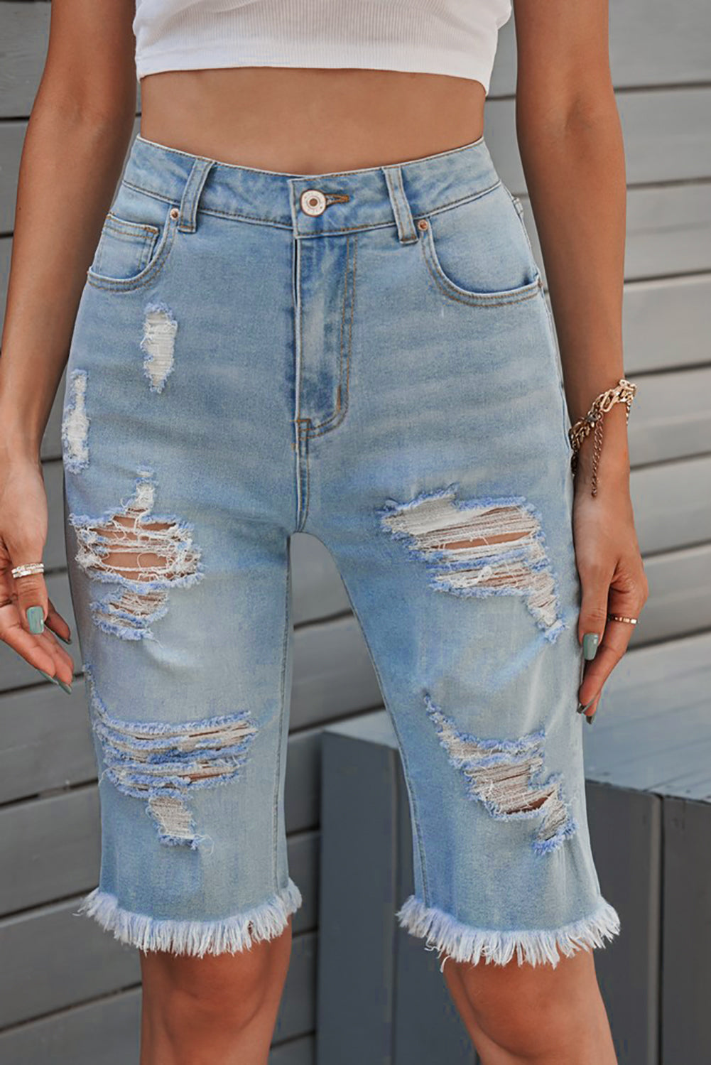 Light Blue Distressed Ripped Denim Bermuda Shorts