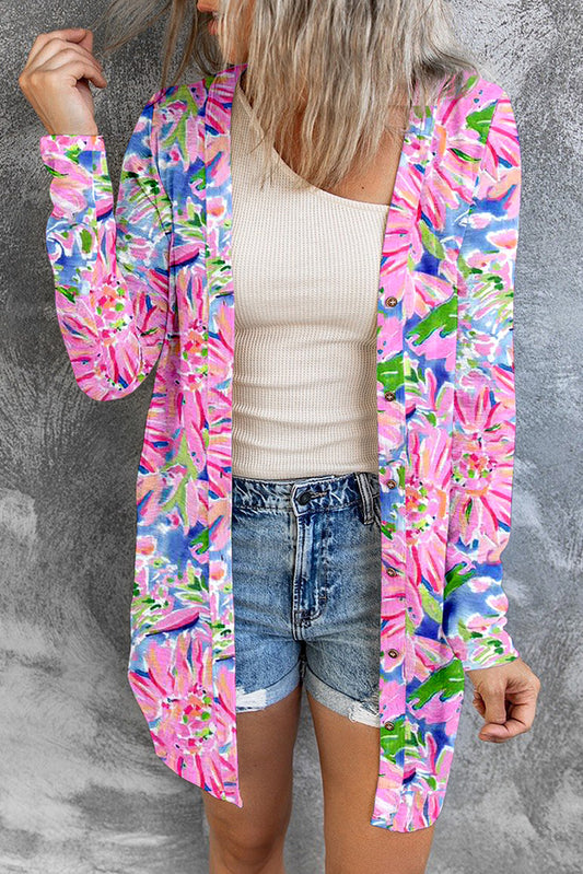 Pink Flower Print Long Sleeve Button Up Cardigan