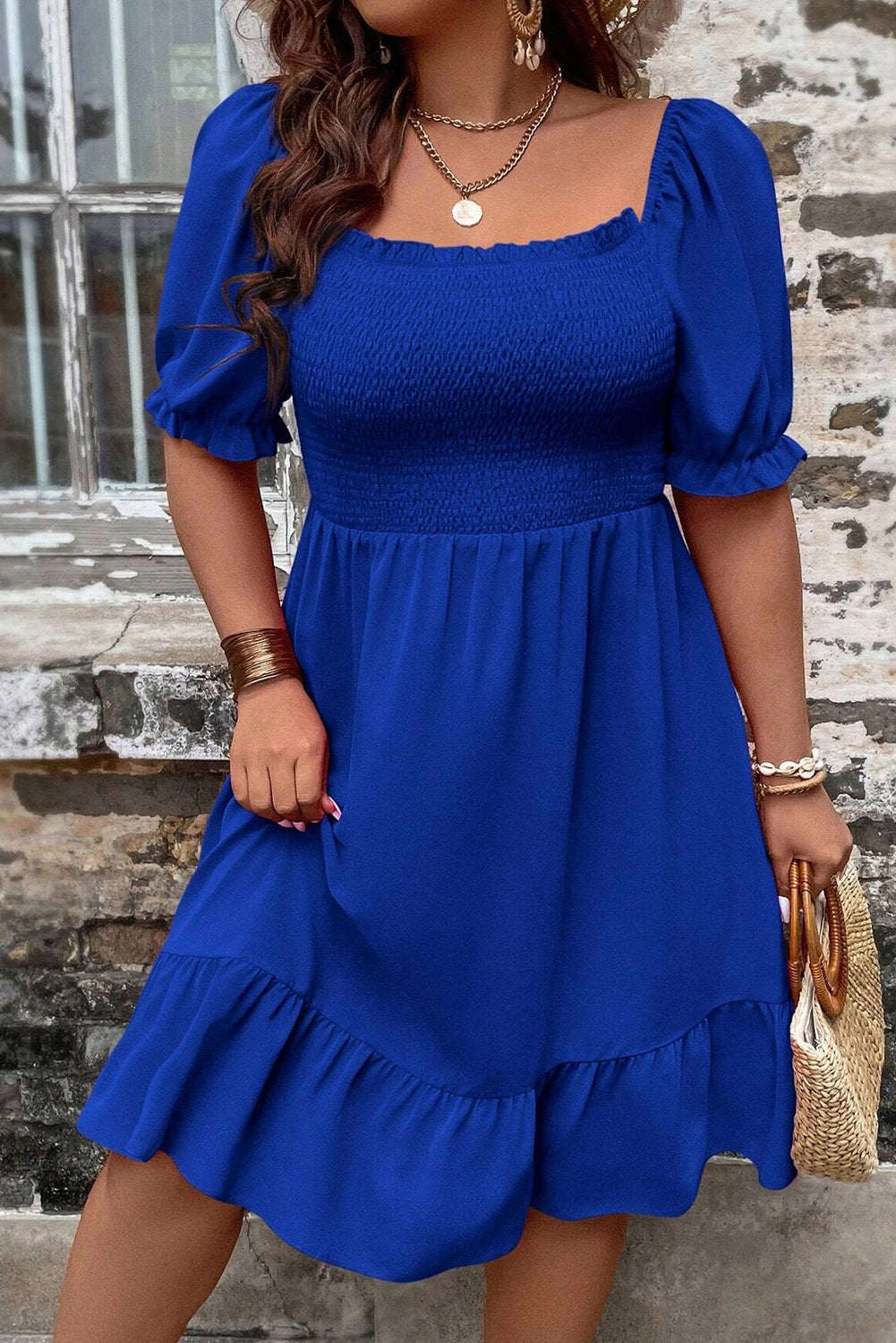 Dark Blue Shirred Ruffled Square Neck Plus Size Mini Dress