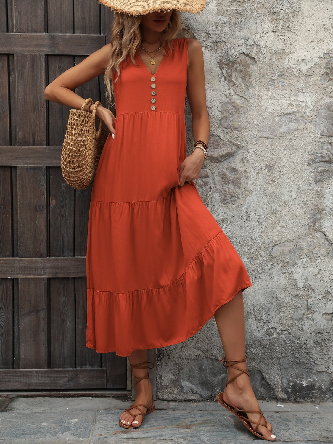 Decorative Button Notched Sleeveless Dress