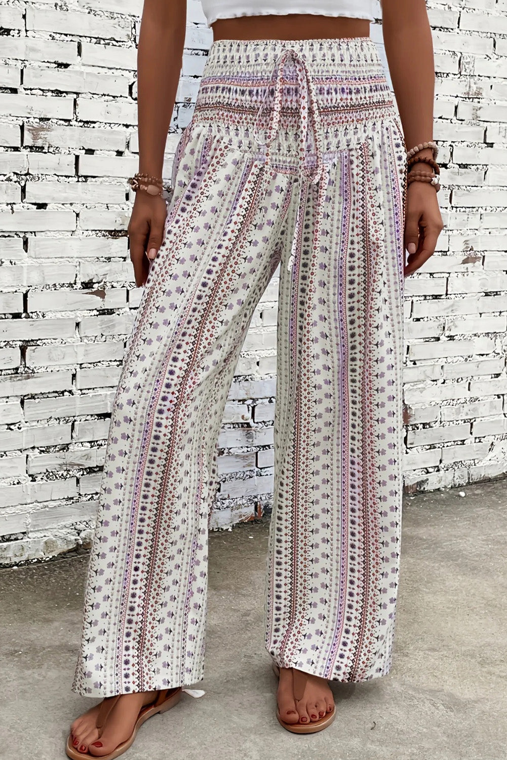 White Floral Print High Waist Drawstring Wide Leg Pants