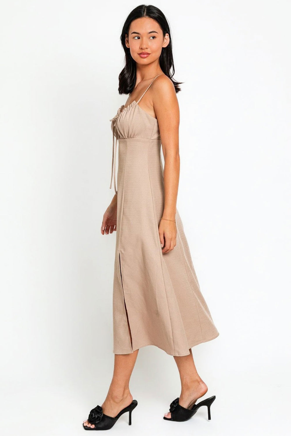 Tasha Apparel Flare Front Tie Front Slit Midi Dress