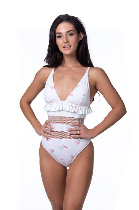 BEIGE FLORAL RUFFLE TRIM MESH ONE PIECE SWIM