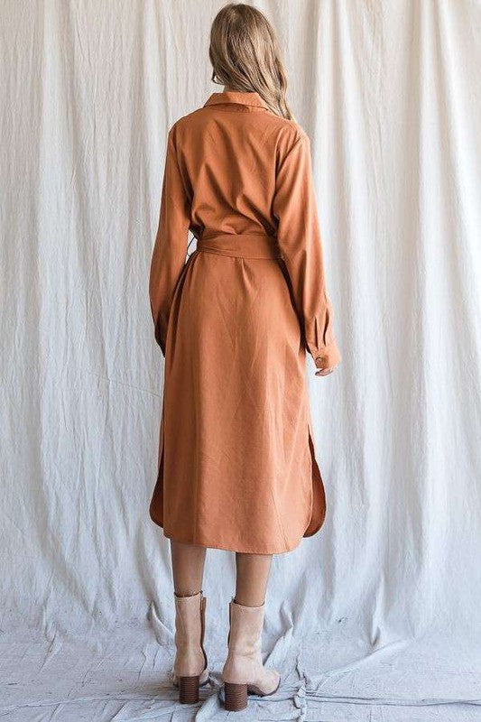 SOLID BUTTON DOWN BELTED LONG DRESS 30-545