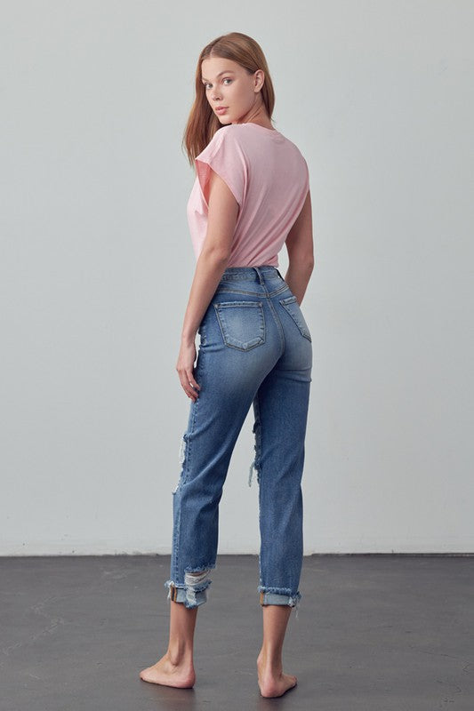 Mid Rise Stretch Raw Hem Ripped Boyfriend Jeans