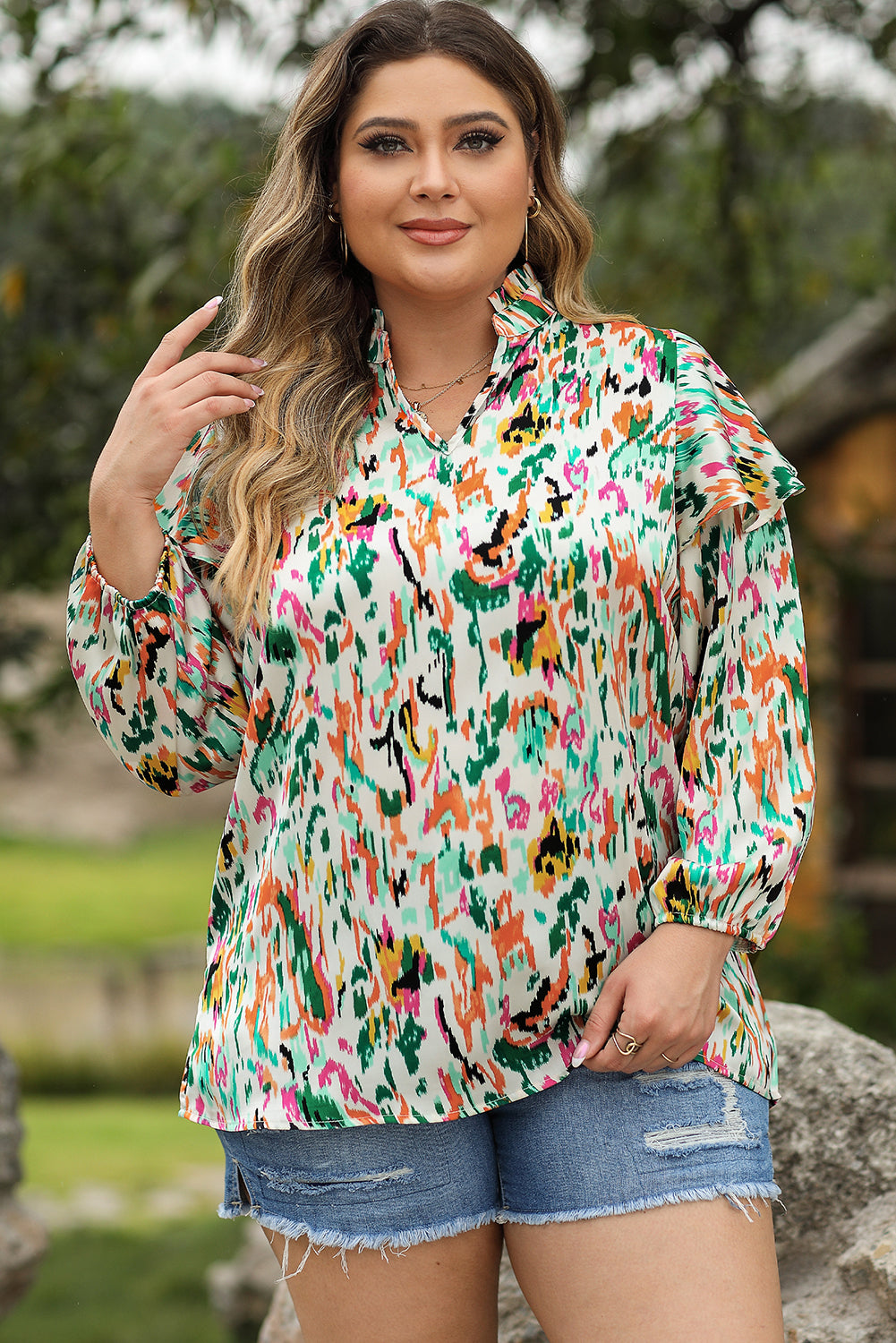 Multicolor Abstract Print Ruffled V Neck Plus Size Blouse