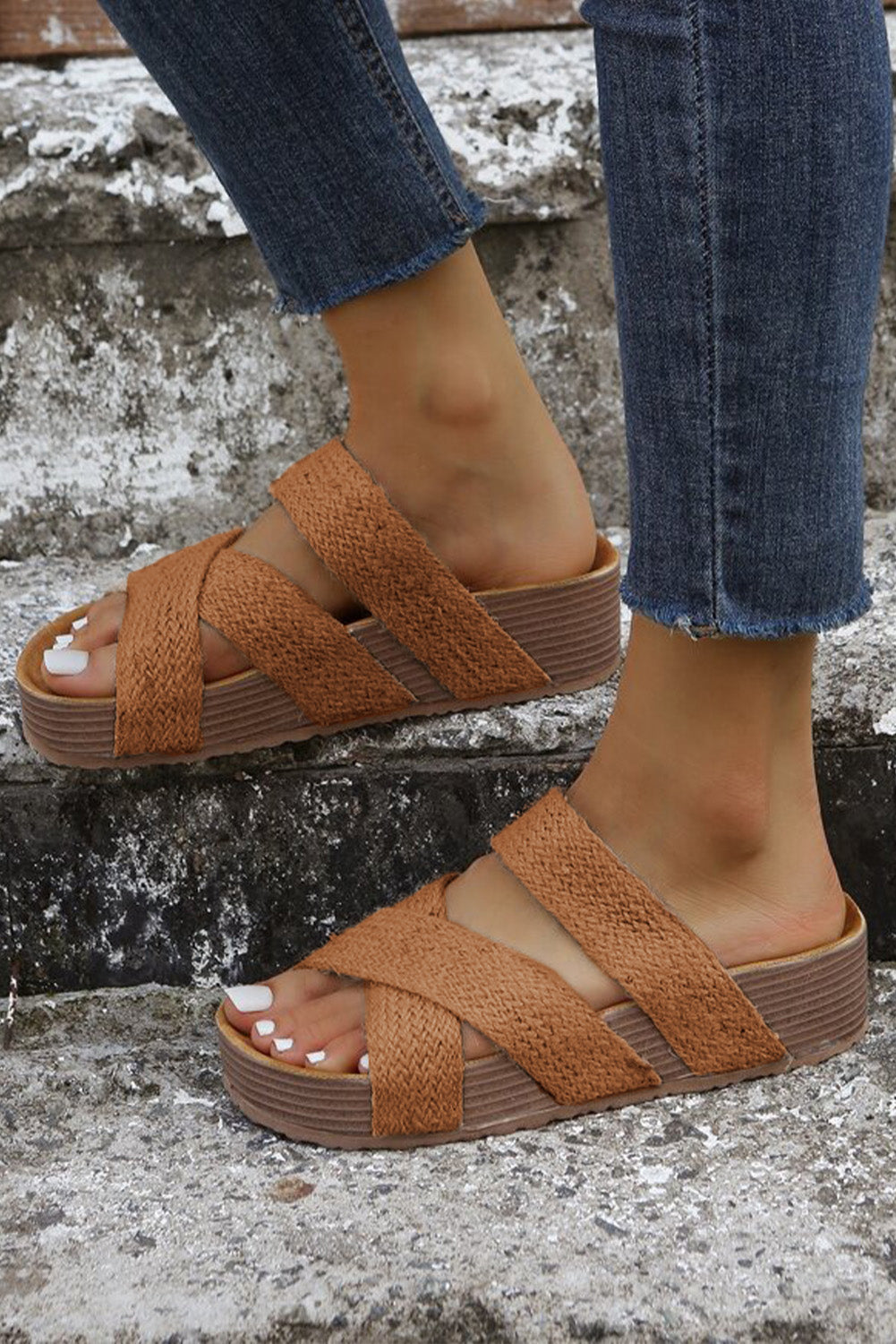 Brown Woven Criss Cross Strap Platform Slip On Sandals