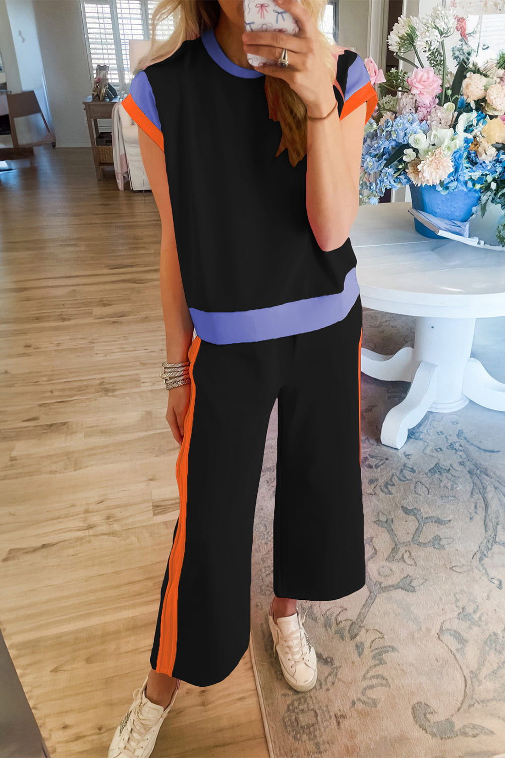 Strawberry Pink Colorblock Cap Sleeve Tee and Wide Leg Pants Set