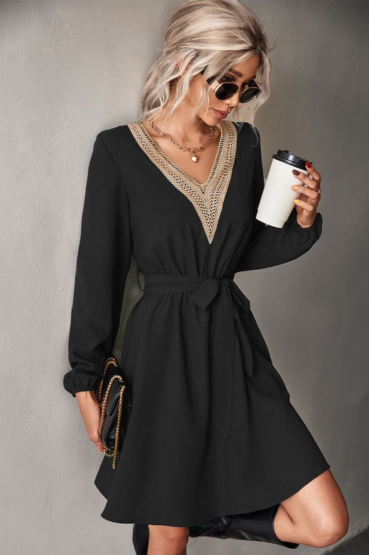 Women's Long Sleeve V Neck Mid Dress