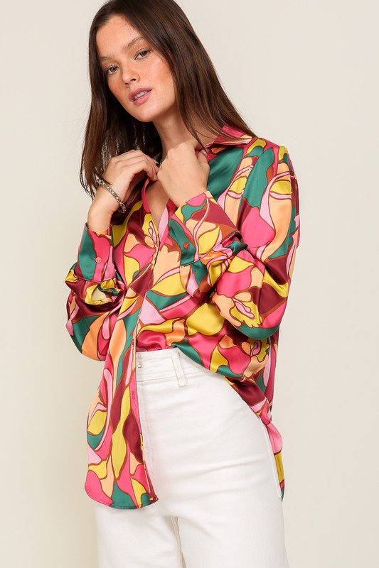 Retro Print Satin Blouse