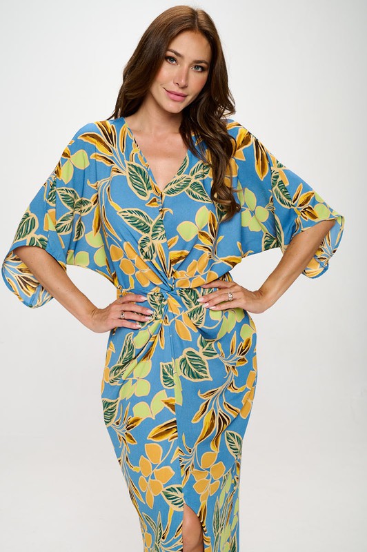 Leaf Print Kimono Dress with Front Twist