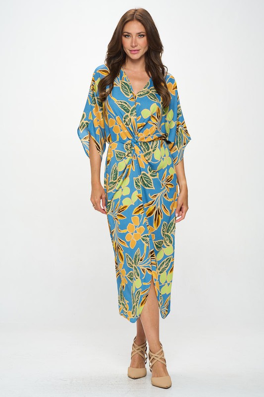 Leaf Print Kimono Dress with Front Twist