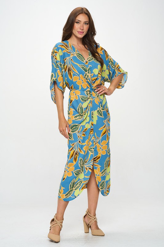 Leaf Print Kimono Dress with Front Twist