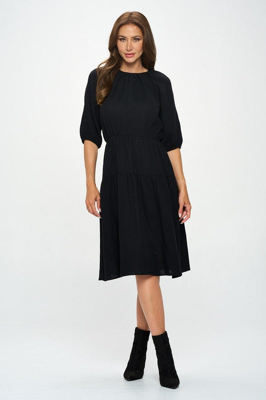 Made in USA Cotton 3/4 Sleeve Tiered Midi Dress