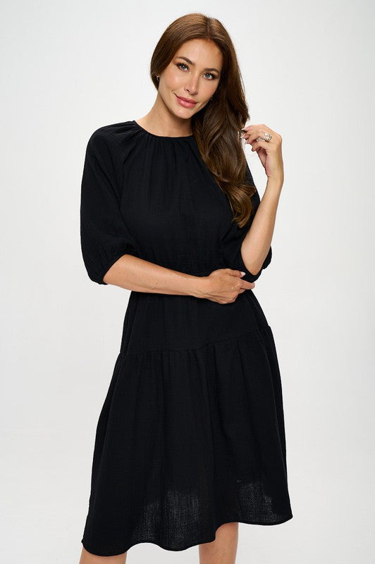 Made in USA Cotton 3/4 Sleeve Tiered Midi Dress