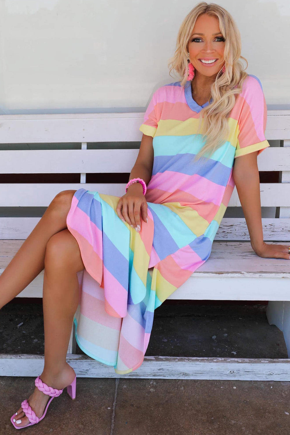 Multicolor Striped Side Split Pockets V Neck Maxi Shirt Dress