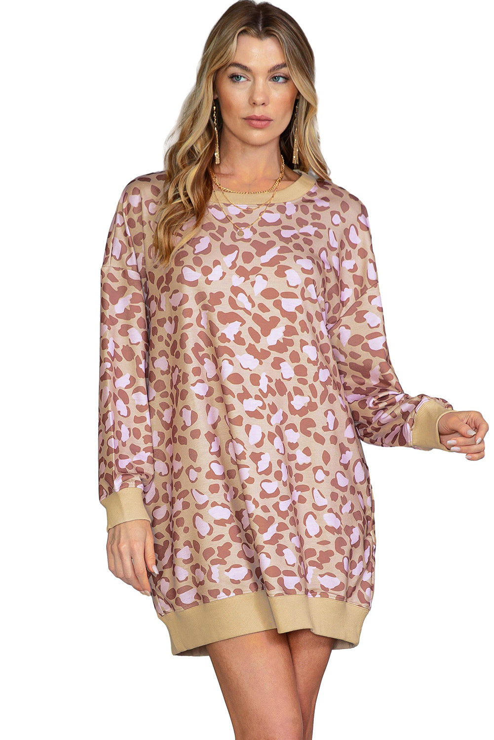 Parchment Leopard Print Side Pockets Long Sleeve Mini Dress