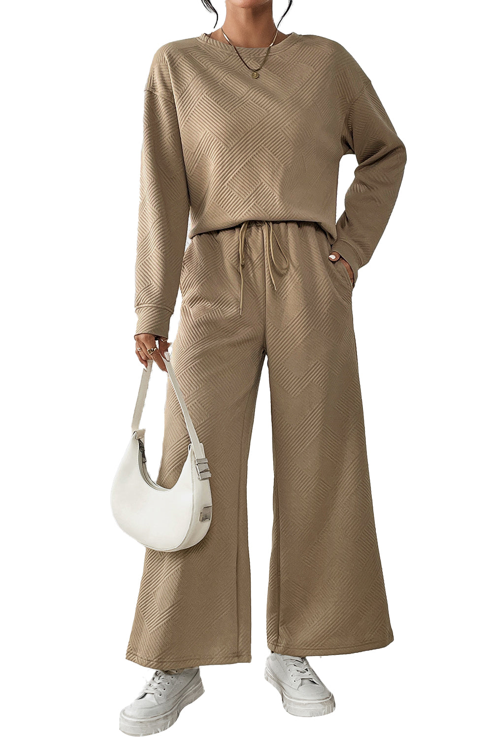 Beige Textured Loose Slouchy Long Sleeve Top and Pants Set