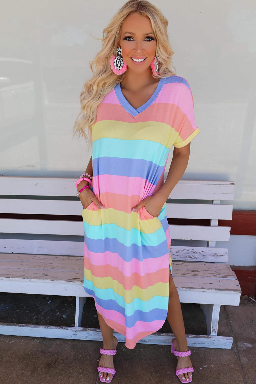 Multicolor Striped Side Split Pockets V Neck Maxi Shirt Dress