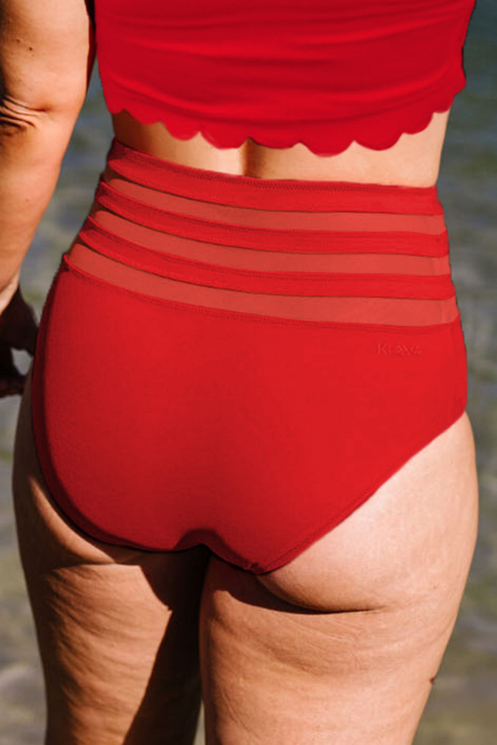 Fiery Red Mesh Striped Splicing High Waist Bikini Bottoms