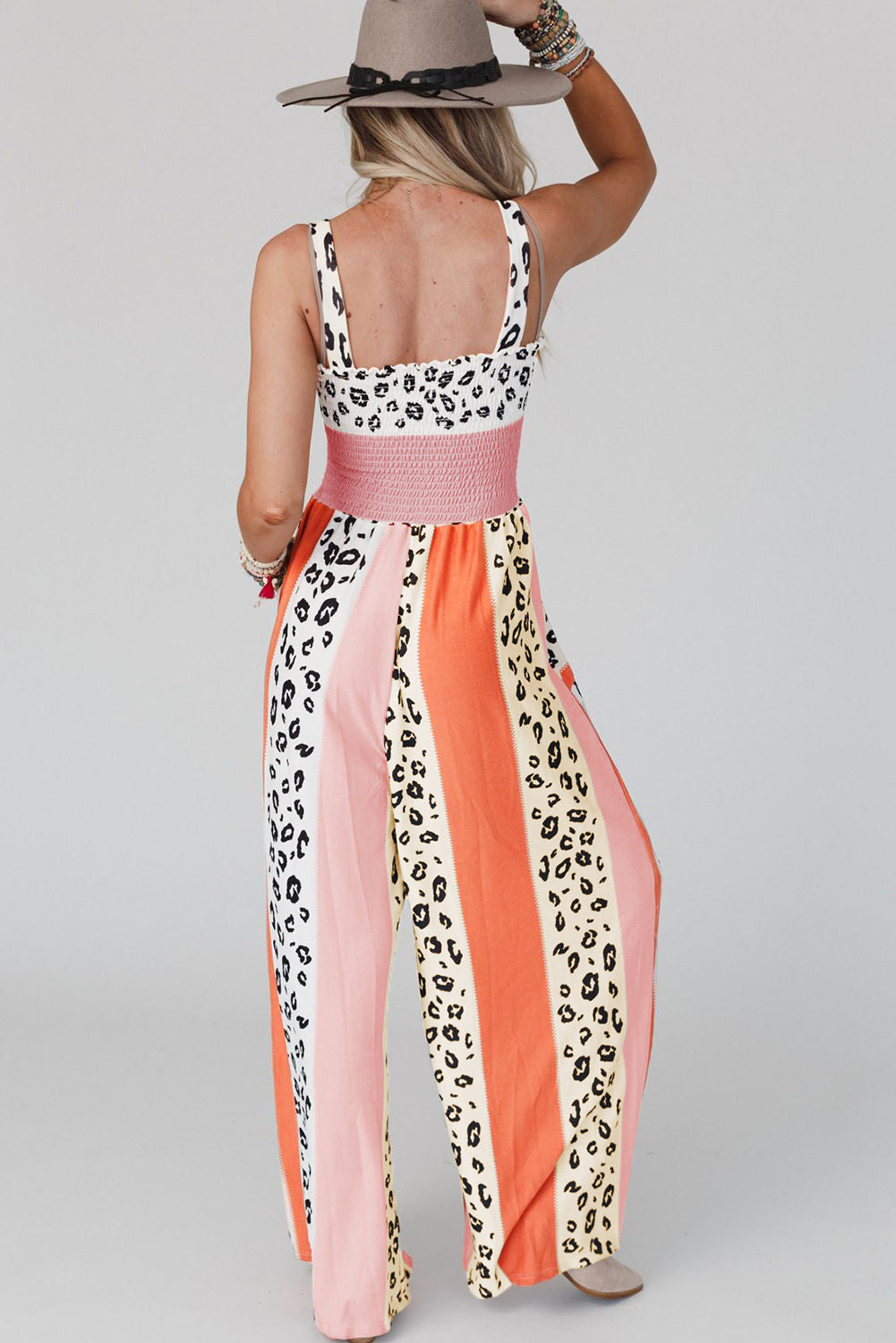 Red Leopard Color Block Mix Print Straps Jumpsuit