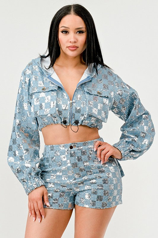 Glitz & Denim Sequin Hoodie Set