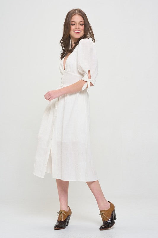 PLUS 3/4 PUFF SLV TEXTURED BUTTON DOWN MIDI DRESS