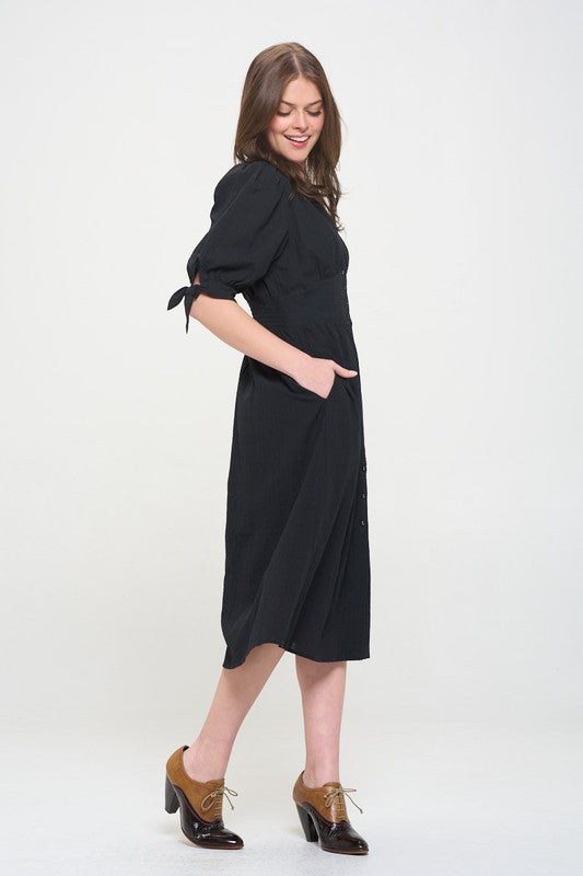 PLUS 3/4 PUFF SLV TEXTURED BUTTON DOWN MIDI DRESS