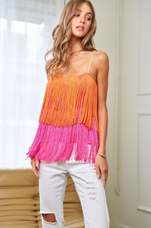 Fringe Overlay Cross Straps Party Cami Top