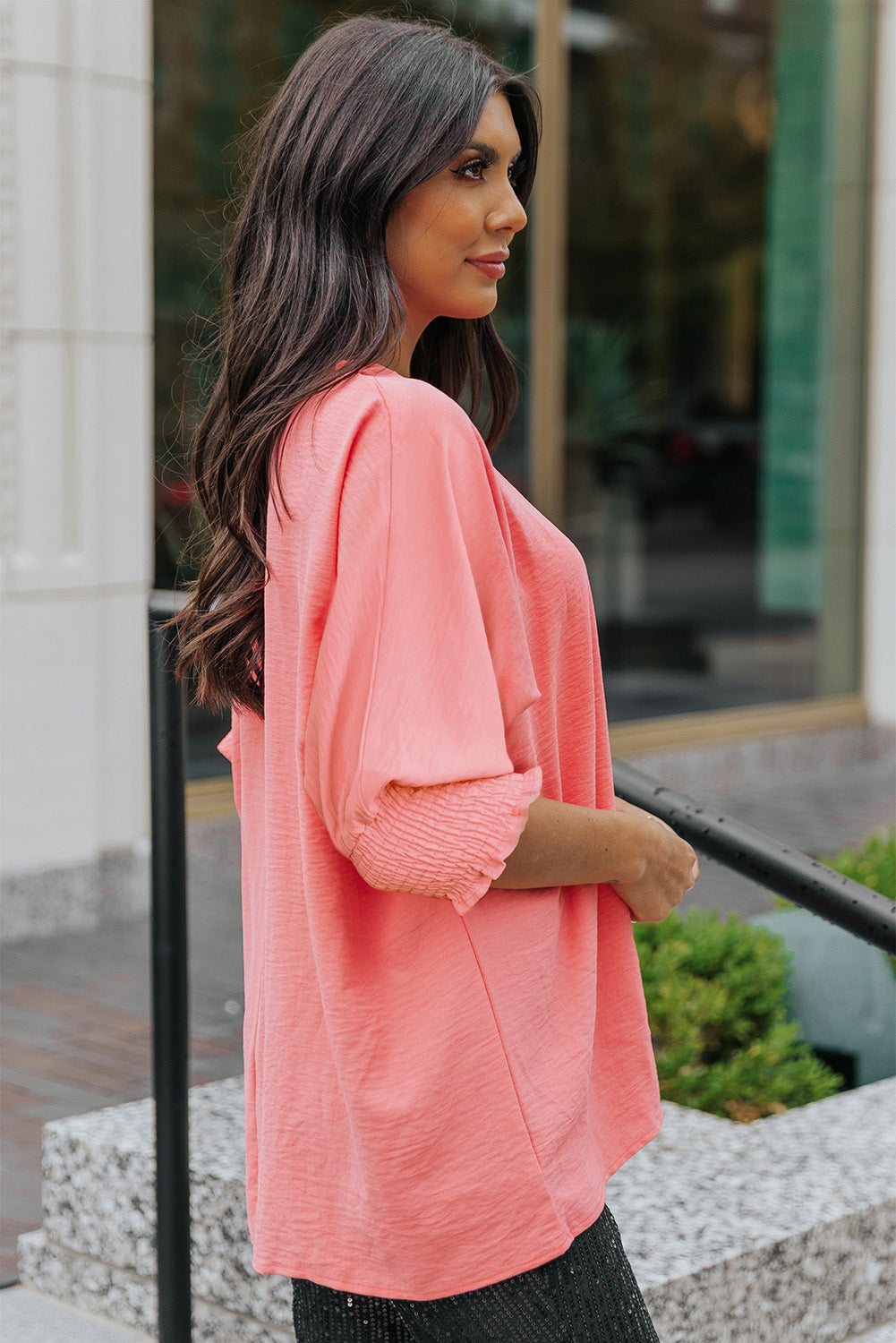 Rosy Solid Casual Smocked Cuffs Dolman Top