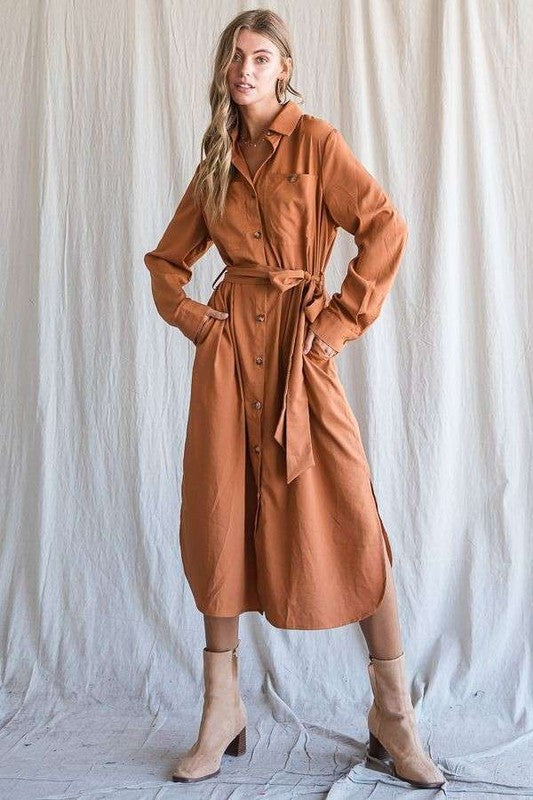 SOLID BUTTON DOWN BELTED LONG DRESS 30-545