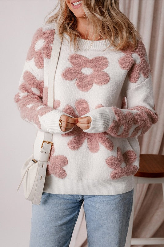 Women Flower Drop Shoulder Loose Sweater