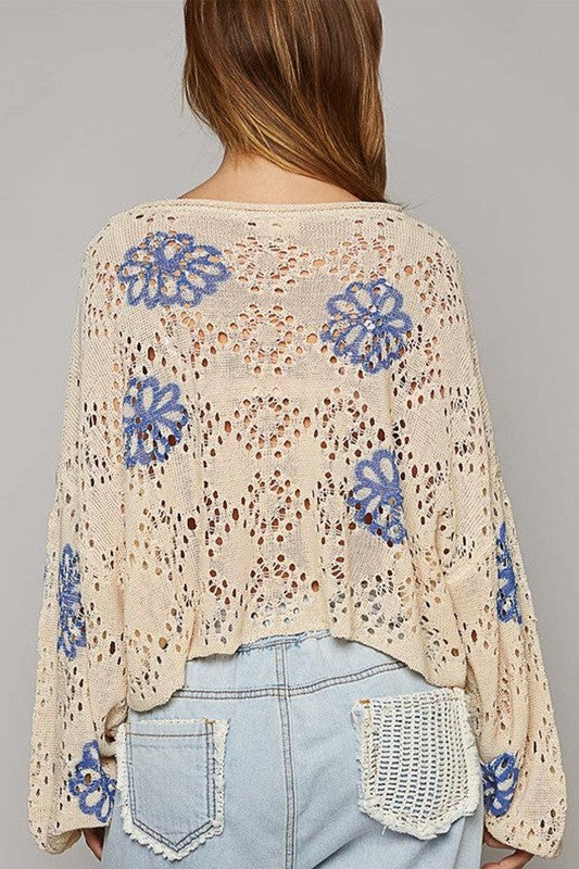 Women Flower Print Eyelet Drop Shoulder Sweater