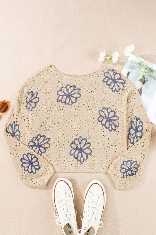 Women Flower Print Eyelet Drop Shoulder Sweater