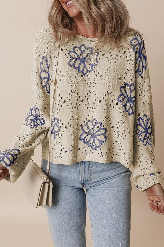 Women Flower Print Eyelet Drop Shoulder Sweater