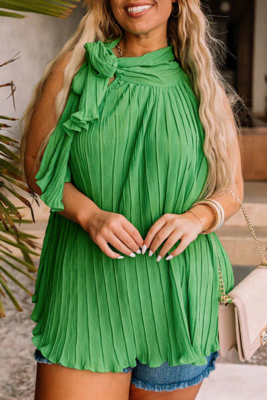 Green Asymmetrical Neck Knotted Plus Size Sleeveless Pleated Top