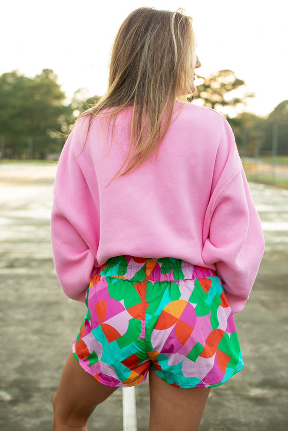 Purple Abstract Print Smocked Waist Flared Shorts