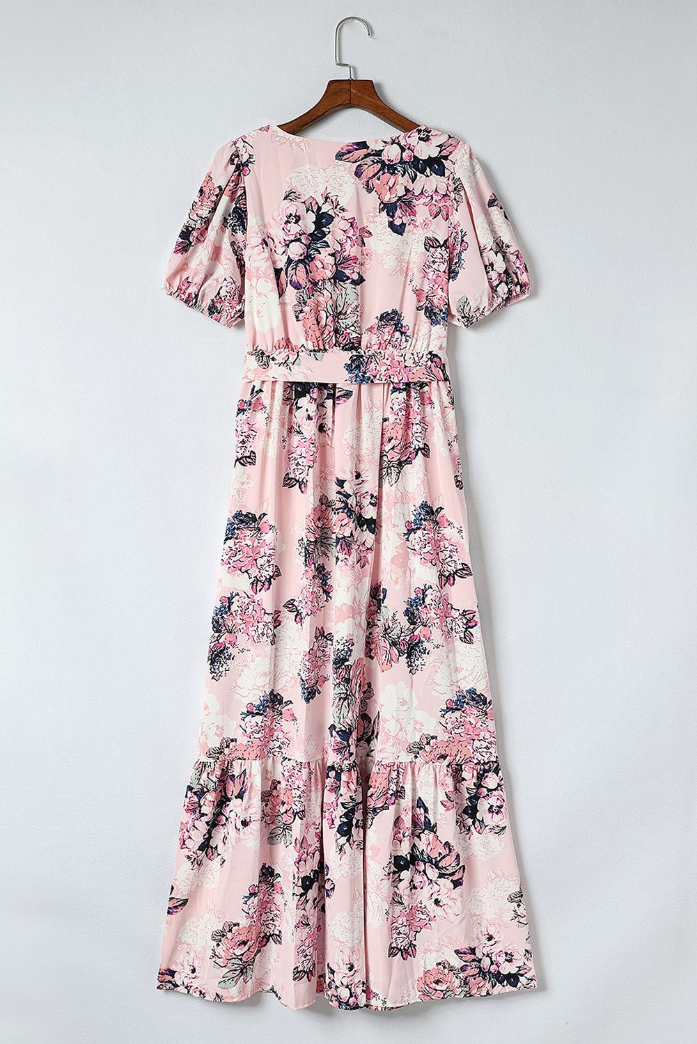 Wholesale Pink Floral Print Wrap V Neck Belted Side Slit Puff Sleeve Dress