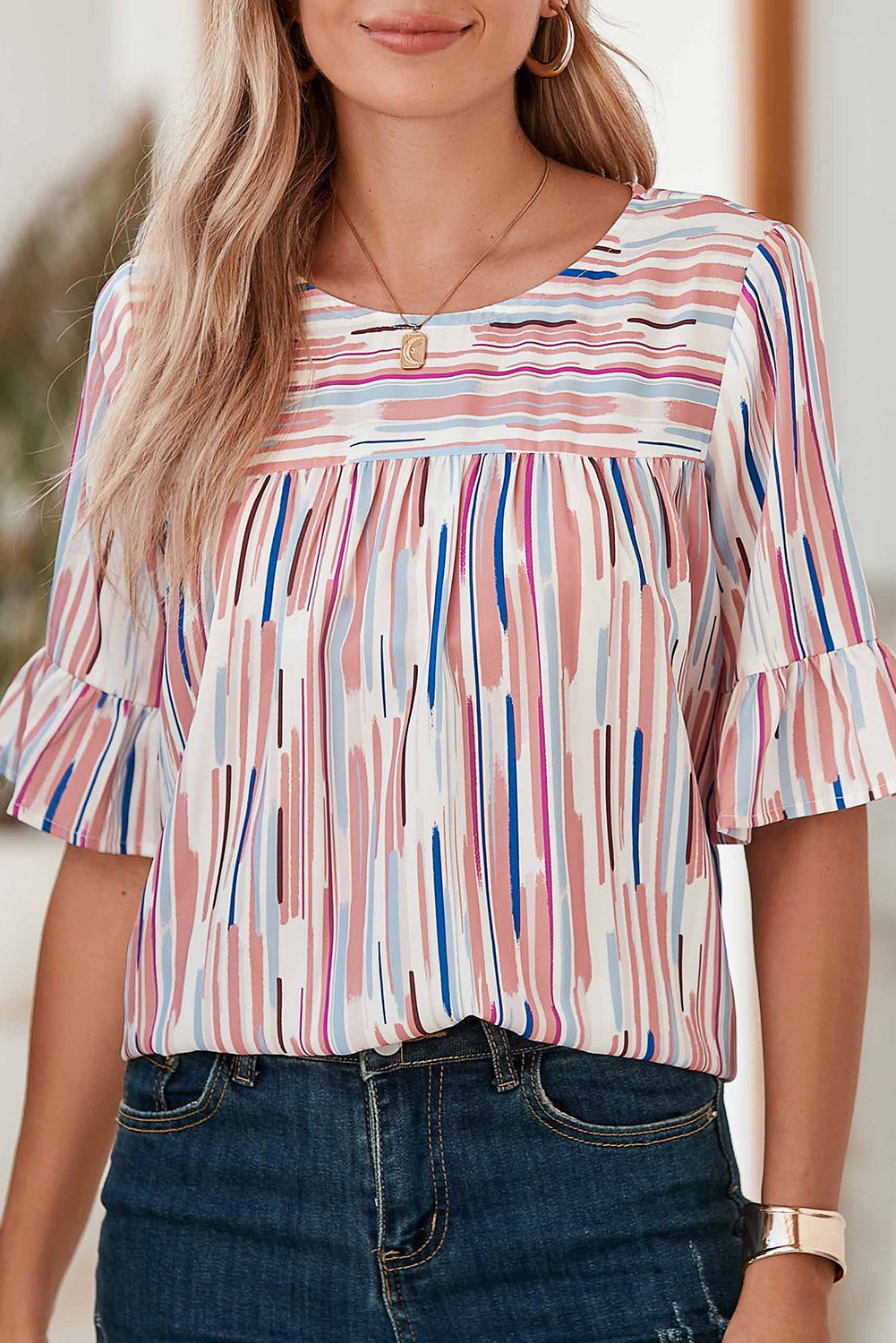 White Abstract Print Ruffle Half Sleeve Blouse