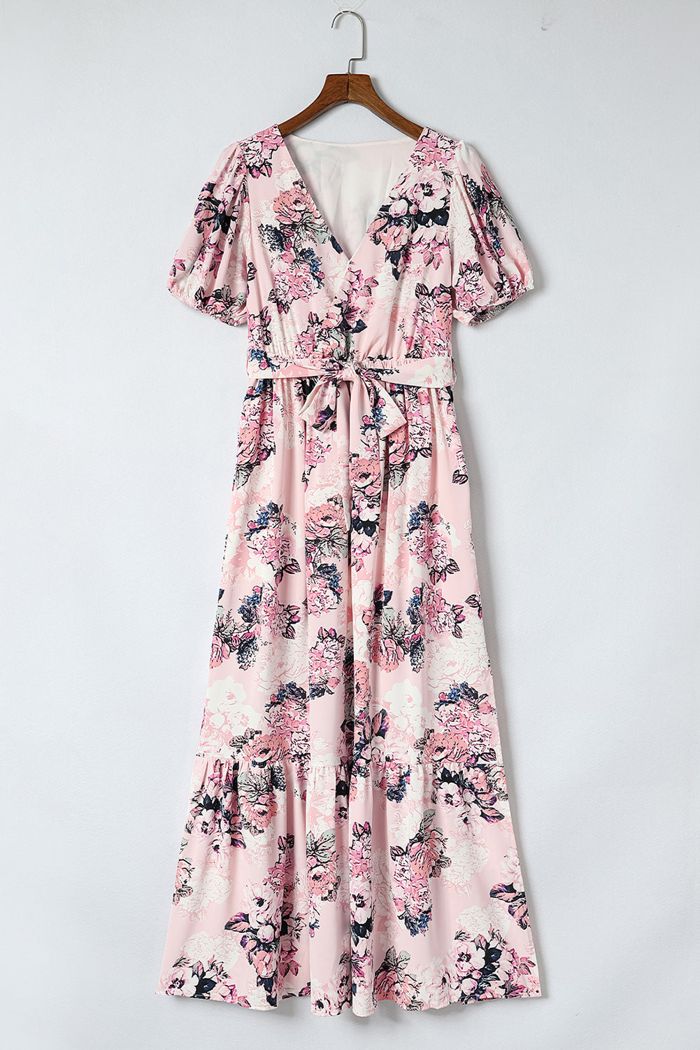 Wholesale Pink Floral Print Wrap V Neck Belted Side Slit Puff Sleeve Dress