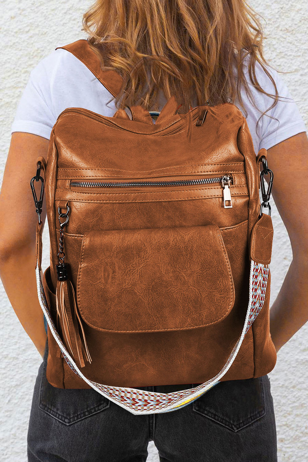 Dark Brown Tassel Decor Retro PU Large Capacity Backpack