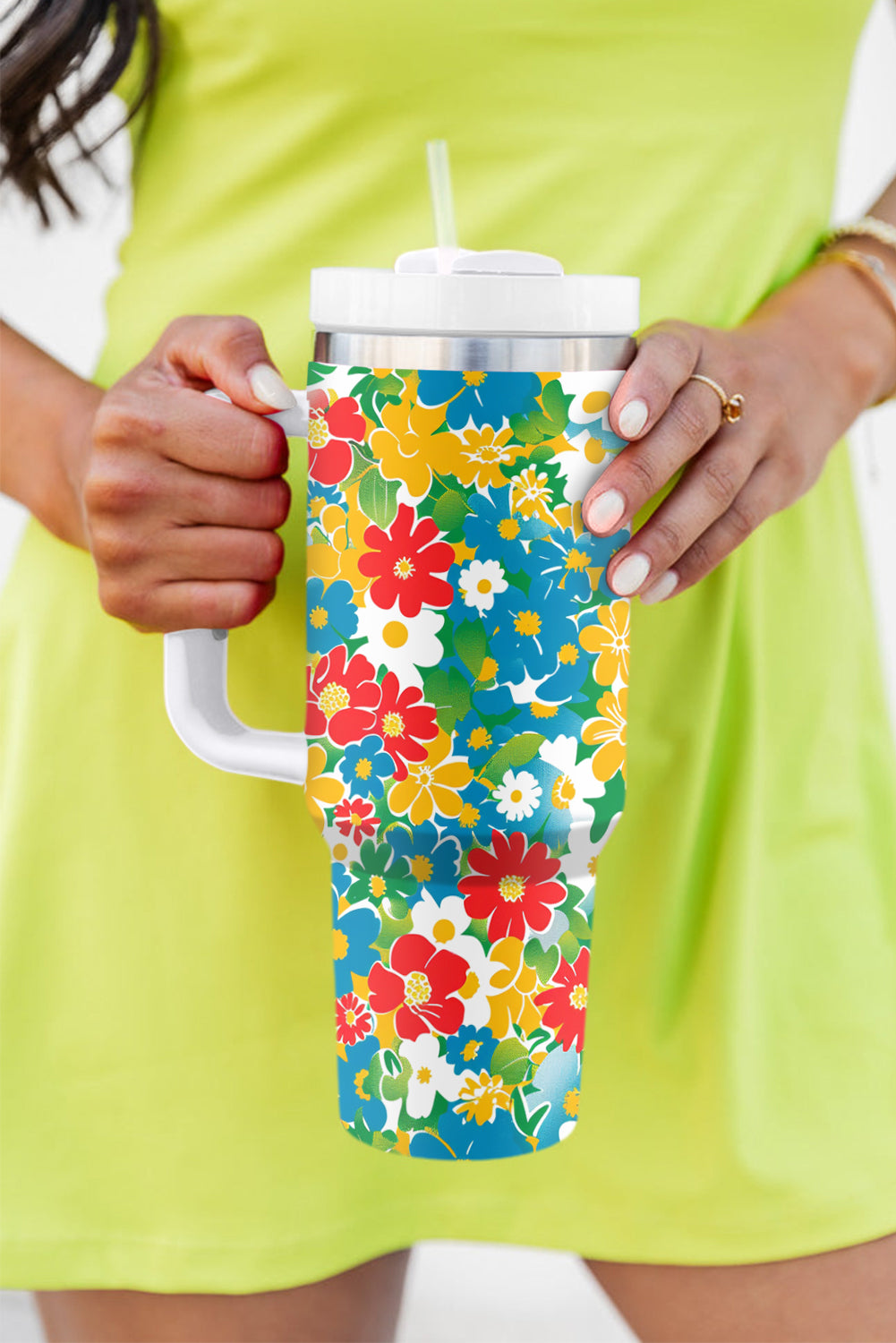 Blue Floral Print Stainless Vacuum Cup with Handle 40oz