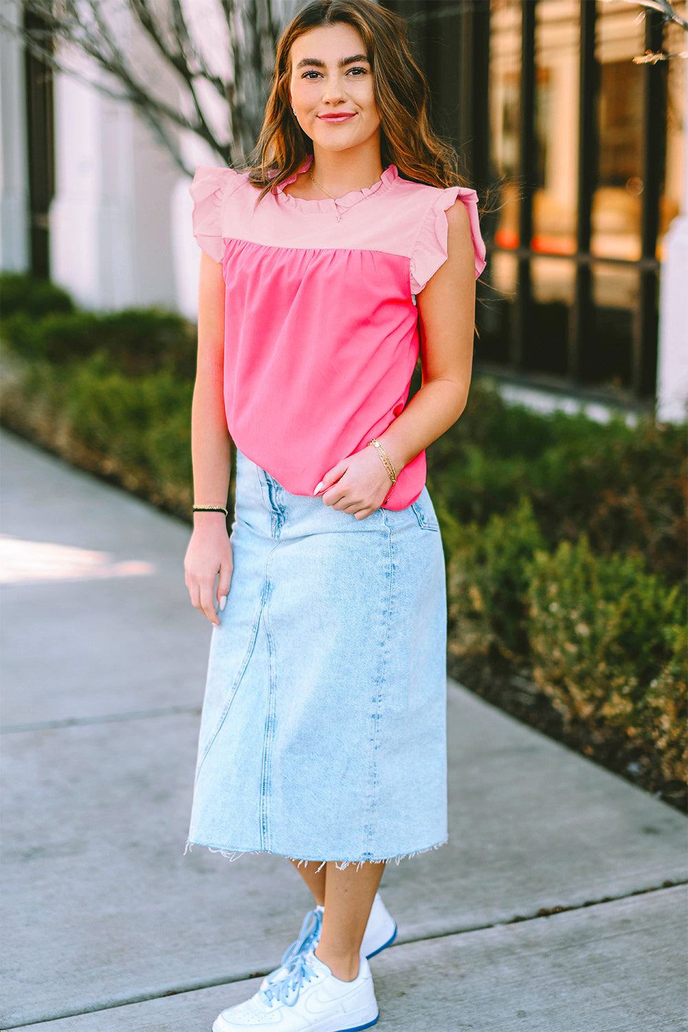 Orange Colorblock Splicing Pleated Ruffle Trim Blouse