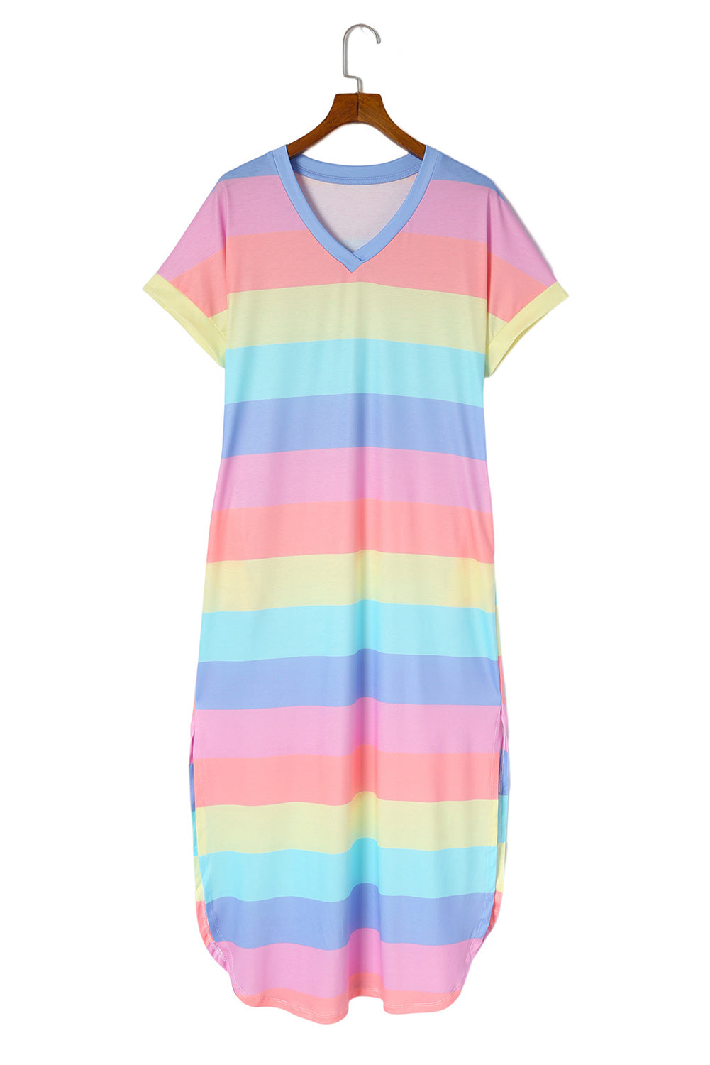 Multicolor Striped Side Split Pockets V Neck Maxi Shirt Dress