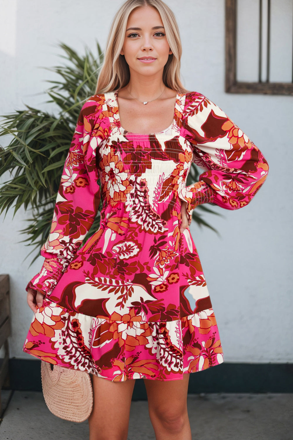 Rose Floral Print Square Neck Flared Dress