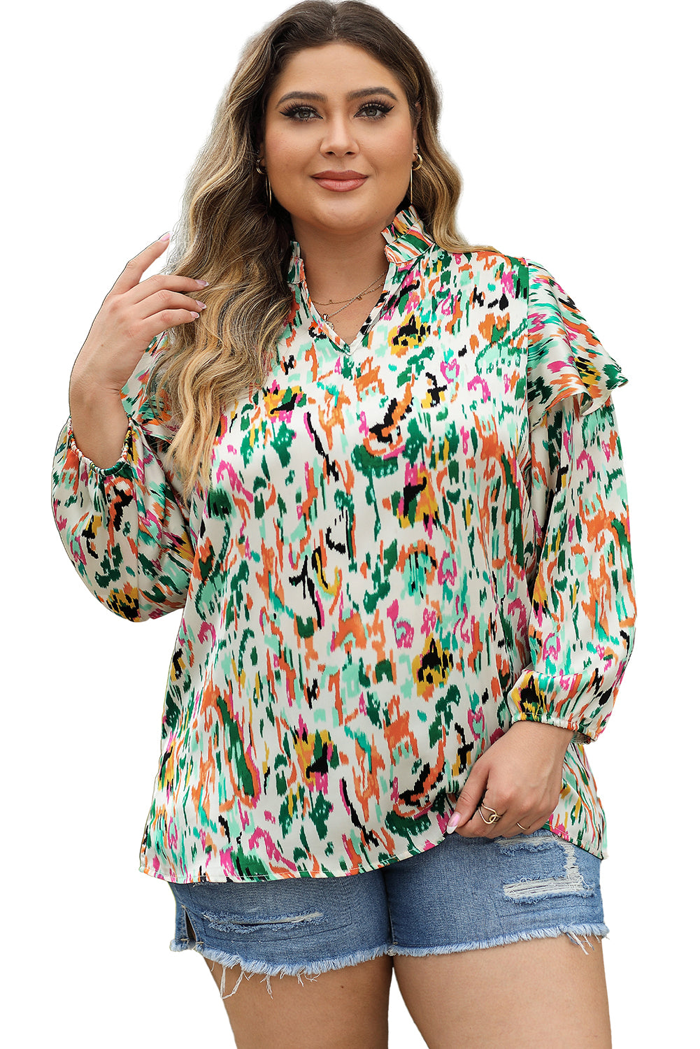 Multicolor Abstract Print Ruffled V Neck Plus Size Blouse